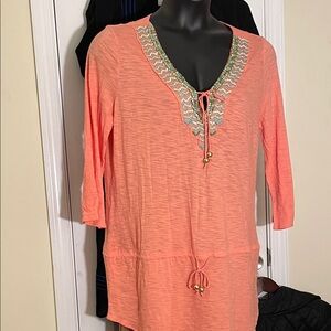 Banana Republic Coral Tunic with Beaded Inverted V-neck Embroidery XL